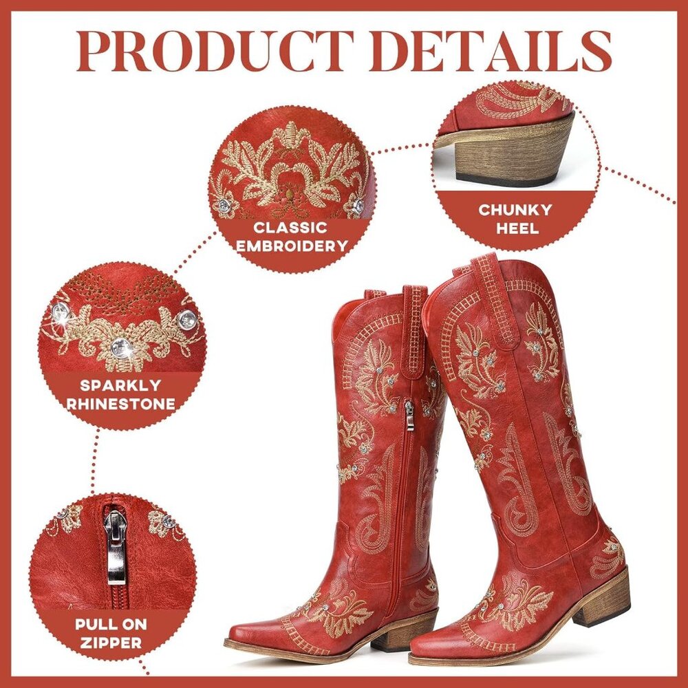 🆕Womens Red Faux Leather Knee High Cowboy Chunky Heel Tall Western Boots - Picture 7 of 8